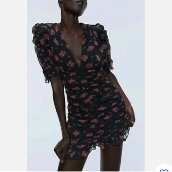 Zara Rose Print Ruched and Ruffled Mini Dress size Small - Picture 5 of 12